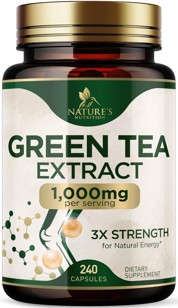 Green Tea Extract kapsler 1000 mg - Standardiseret 45% EGCG & 98% Polyphenoler - 3X Styrke Green Tea Pills for Natural Energy - Understøtter hjerte sundhed, urte supplement, Vegan, Non- GMO - 240 kapsler