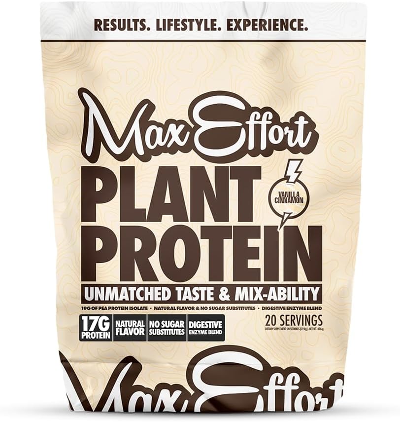 MAX EFFORT Plant Protein Powder, 17 G Pea Protein, Plant Based, Gluten Free, Low Carb, Protein Shake eller Smoothie Mix, Meal Erstatning, No Whey, No Sugar Substitutes, Vanilla Cinnamon, 20 Srvg