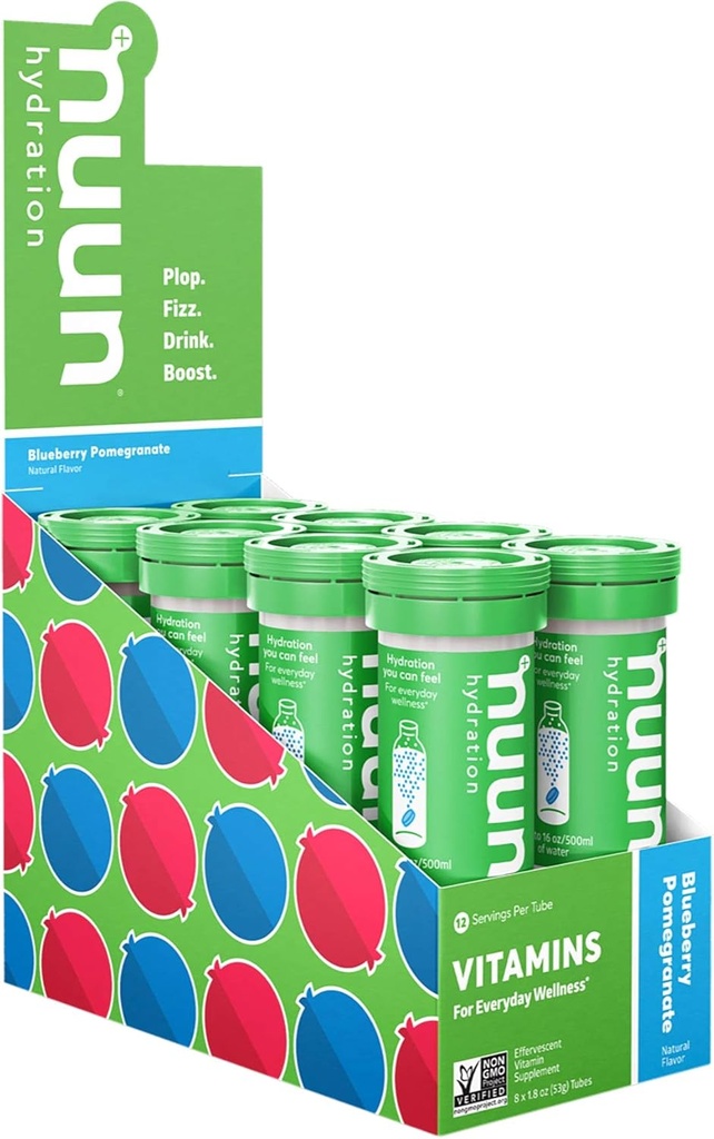 Nuun Vitamin Electrolyte tabletter med D-vitamin, C, E, A, & B6, folinsyre, Magnesium & 4 Andre essentielle elektrolytter, Gluten Free & Vegan, Blåbær Pomegranat, 8 Pack (96 Servering i alt)