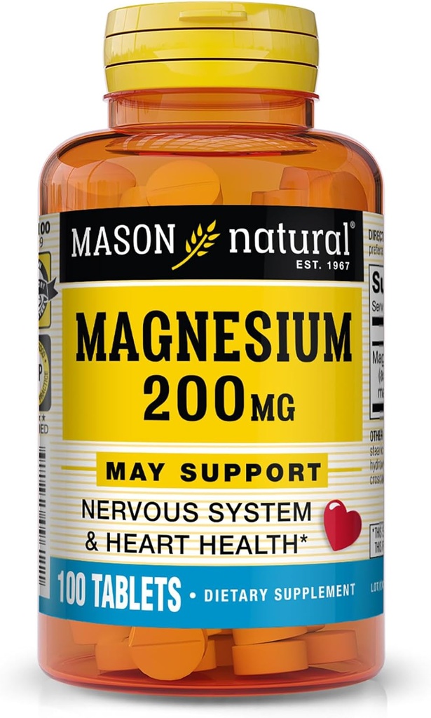 Mason Natural Magnesium 200 mg, Muskel og Nerve Funktionsunderstøttelse, 100 tabletter