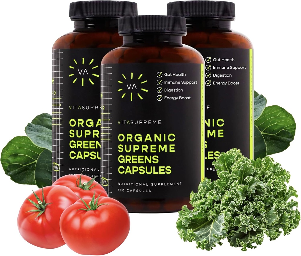 Vita Supreme Organic Super Greens Superfood Capsule, Nutritional Supplement for Gut Health, Immunsupport, fordøjelse, energi og mere (Non-GMO, Keto, Vegan) 180 Kapsler, 3 Pack