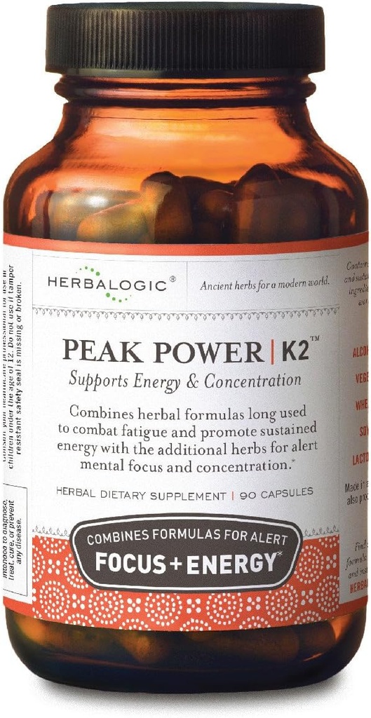 Herbalogisk - Peak Power Kapsler - Naturlig energi & fokus - Mental koncentration - Indeholder amerikansk Ginseng & Astragalus - 90 Cap Count