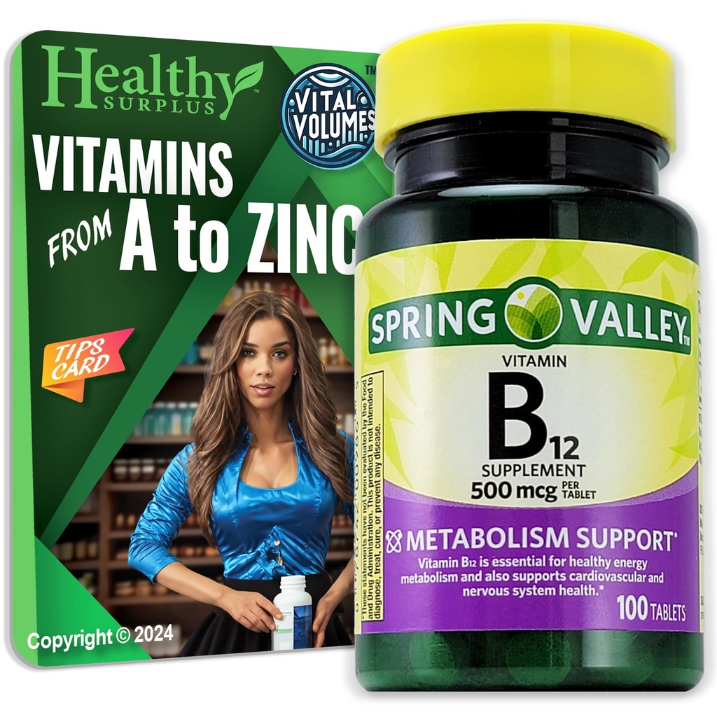 Sund Surplus Vitamin B12 Supplement Tablets 500 mcg 100 Tablets and Vital Volumes Tips Card
