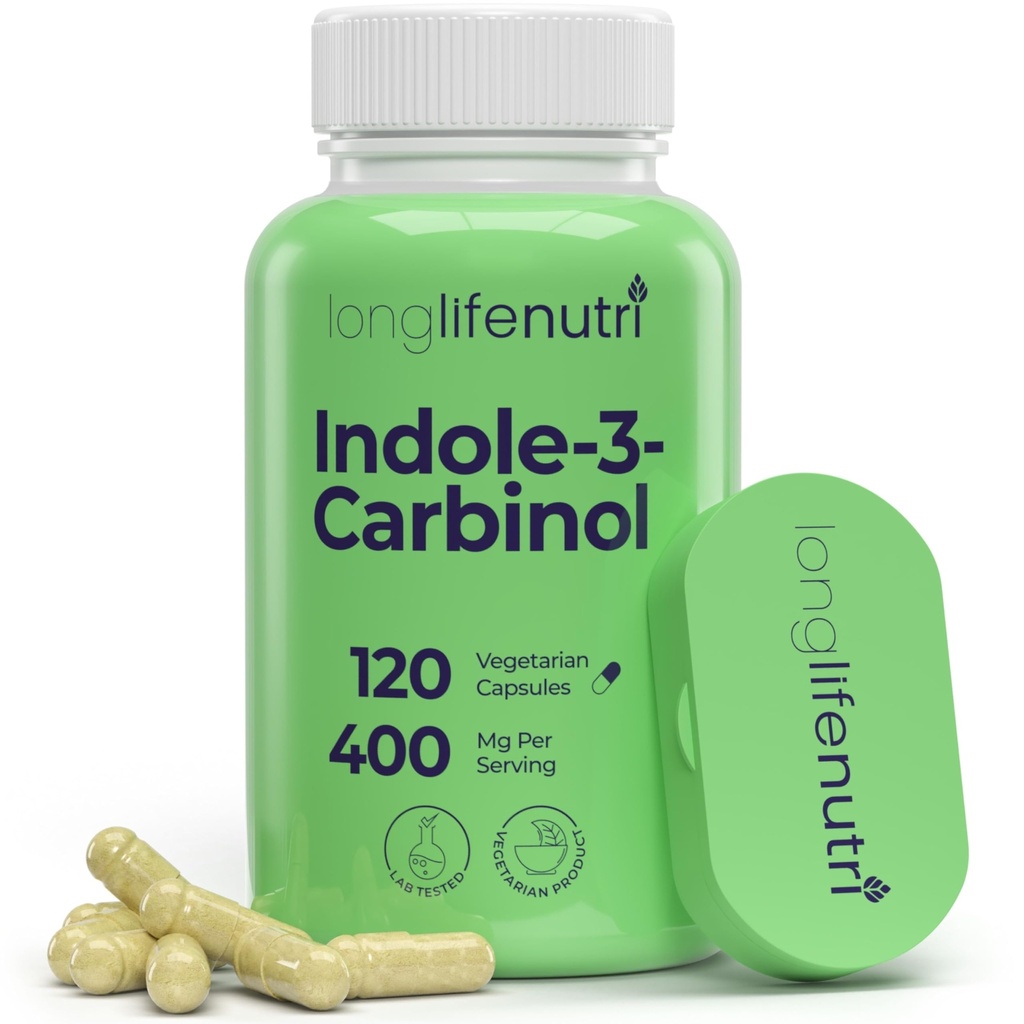 LongLifeNutri Indole- 3- Carbinol 400mg - 120 Vegetære kapsler, 4 - Måned Supply, Organic Supplement for Hormone Balance & Cellular Health, Lab Testet, Made in USA
