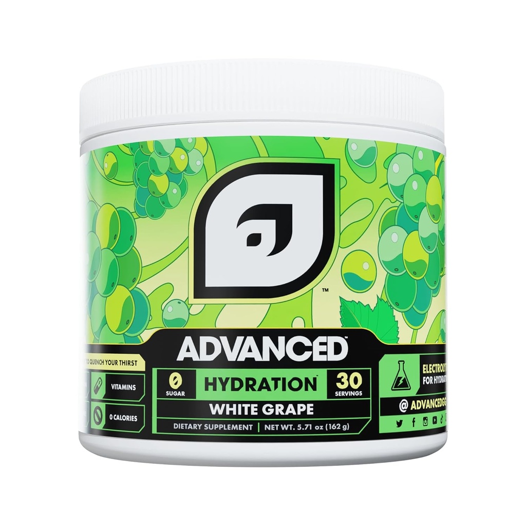 Advanced Hydration High- Performance Electrolyte Drink Mix med B Vitamin til All- Day Hydration - Koffein Free, Zero Calories, Sugar Free, & Keto Friendly - (30 Servere, White Grape)