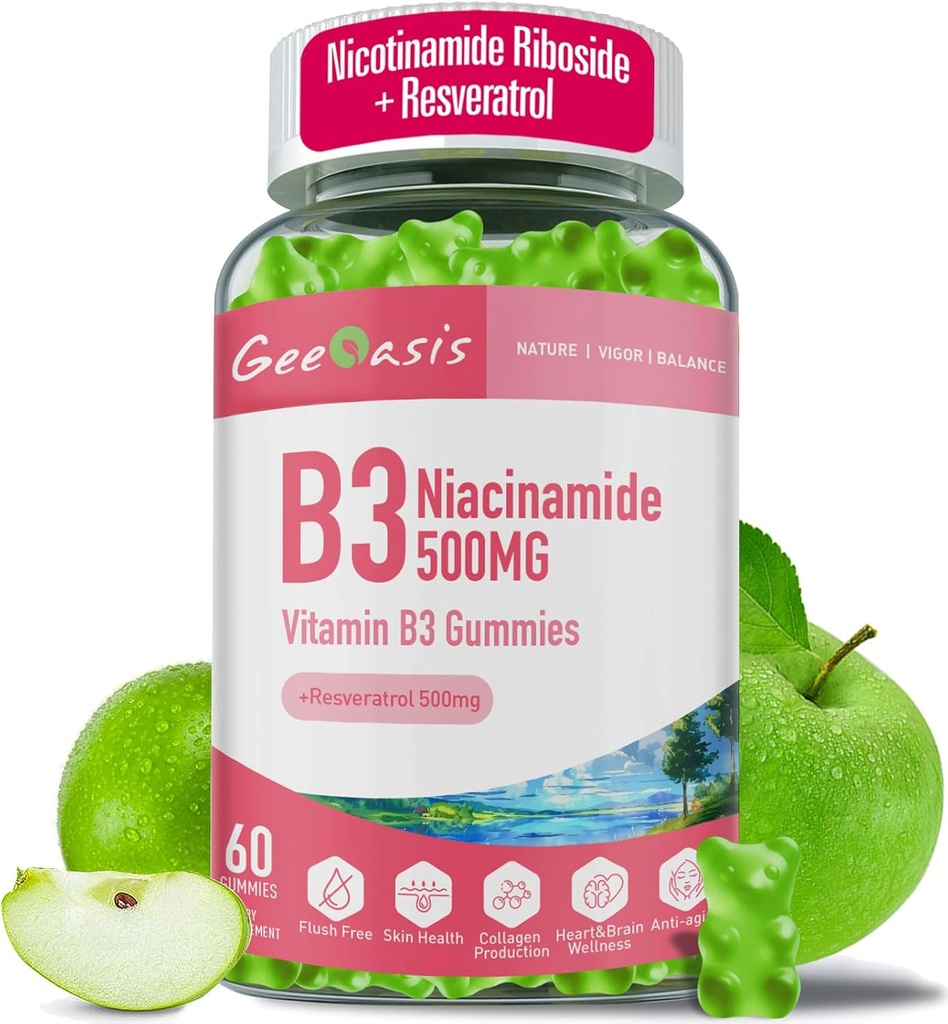 Niacinamid 500mg Gummies, Chewable Vitamin B3 tillæg med Resveratrol 500mg, høj potens Niacin til antioxidant, hud & hjerne sundhed, immunforsvar, Vegansk Apple Flavor, 60 Greve