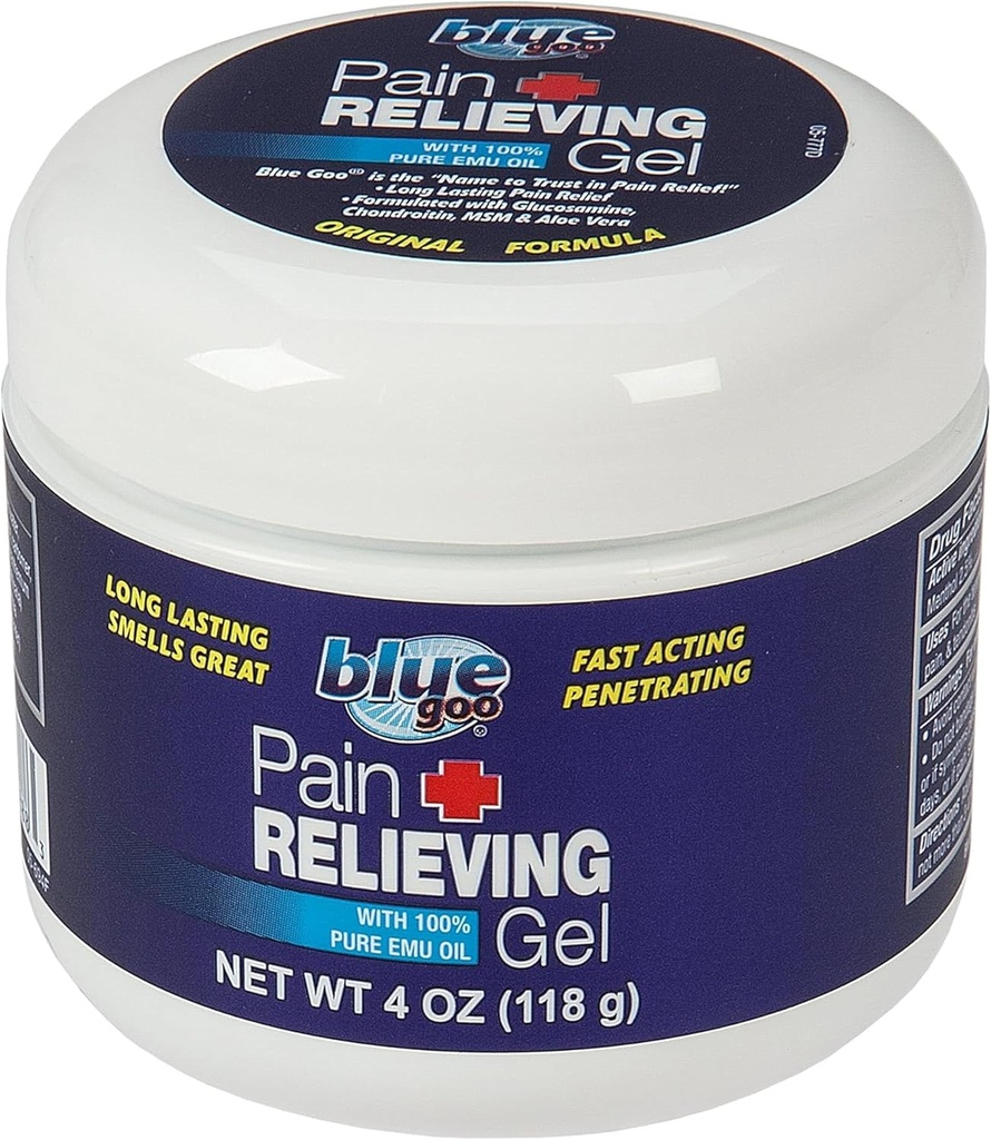 Blue Goo Pain Relieving Gel – Relief for Back, Neck, Muscle and Joint Pain, Fast-Acting Cooling and Soothing Relief with 100% Pure Emu Oil, 4 oz (1 Pack)