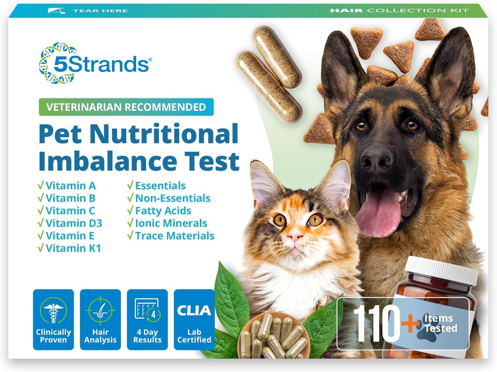5Strands Pet Nutritional Imbalance Test, 112 Vitamin & Min Testet, på Home Dog & Kat Health Check for All Age & Breeds, Nutrition Dificiency Test, Resultater i 4 dage