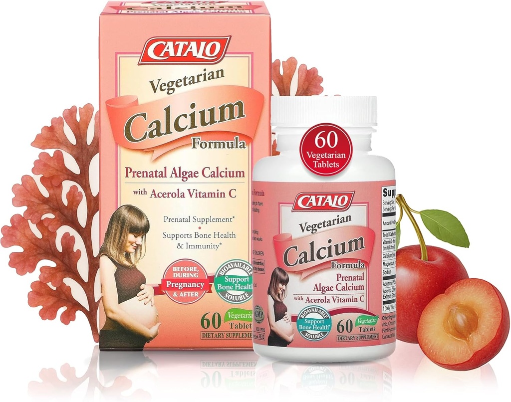 CATALO Vegetar Calcium Formel, Plantbased Red Algae Calcium med naturlige C-vitamin, Nem til det største, Mineral- Rich for Everyday Nutrition, Ideel til graviditet og amning - 90 tabletter
