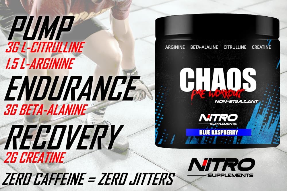 Nitro Kosttilskud - Chaos - Non Stim Pre- Workout (30 Sevings) Beta- Alanine, L-Citrullin, Arginin, Creatin, Taurine Stimulation - Gratis Non- Stimulant (30 Servere, Blå Hindbær)
