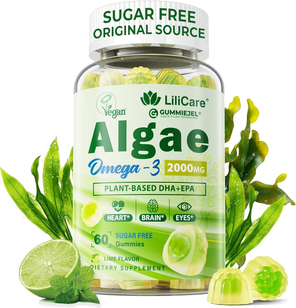 Omega 3 Gummies 2200mg fra Algae Oil (DHA 640mg & EPA 290mg) for kvinder & mænd, Vegan Omega 3 Fish Oil Alternative, w / CoQ10, Astaxanthin, Vitamin A, E, D3 for hjerne, Eye, Antioxidant, Sugar Free, 1Pack