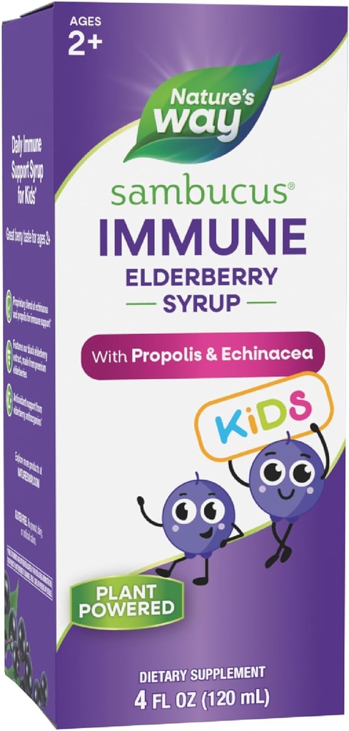 Nature's Way Sambucus Elderberry Immune Syrup for Kids Ages 2+, with Echinacea & Propolis, Immune Support Syrup*, Vegetarian, Berry Flavored, 4 Fl Oz