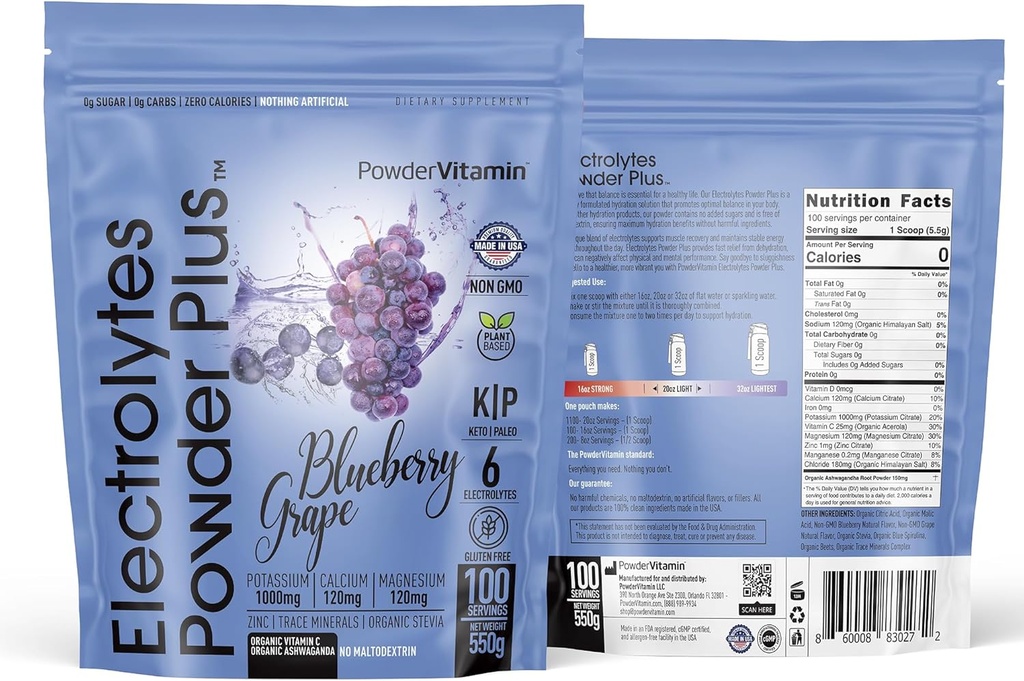 Elektrolyter Powder Plus (100 Servere) Blåbær Grape Electrolyte Powder Sugar Free, Keto, 0 Sugar, No Maltodextrin, 1000mg Kalium, 120mg Calcium, 120mg Magnesium, Hydration