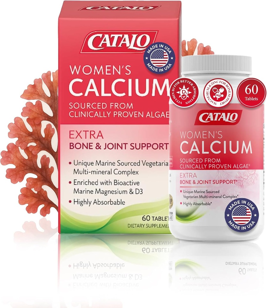 CATALO Kvinder Calcium med Aquamin ™ Red Algae - Plantbaseret Marine Calcium tillæg med vitamin D3, Magnesium & Zink - Høj Absorptionsformel - 60 tabletter