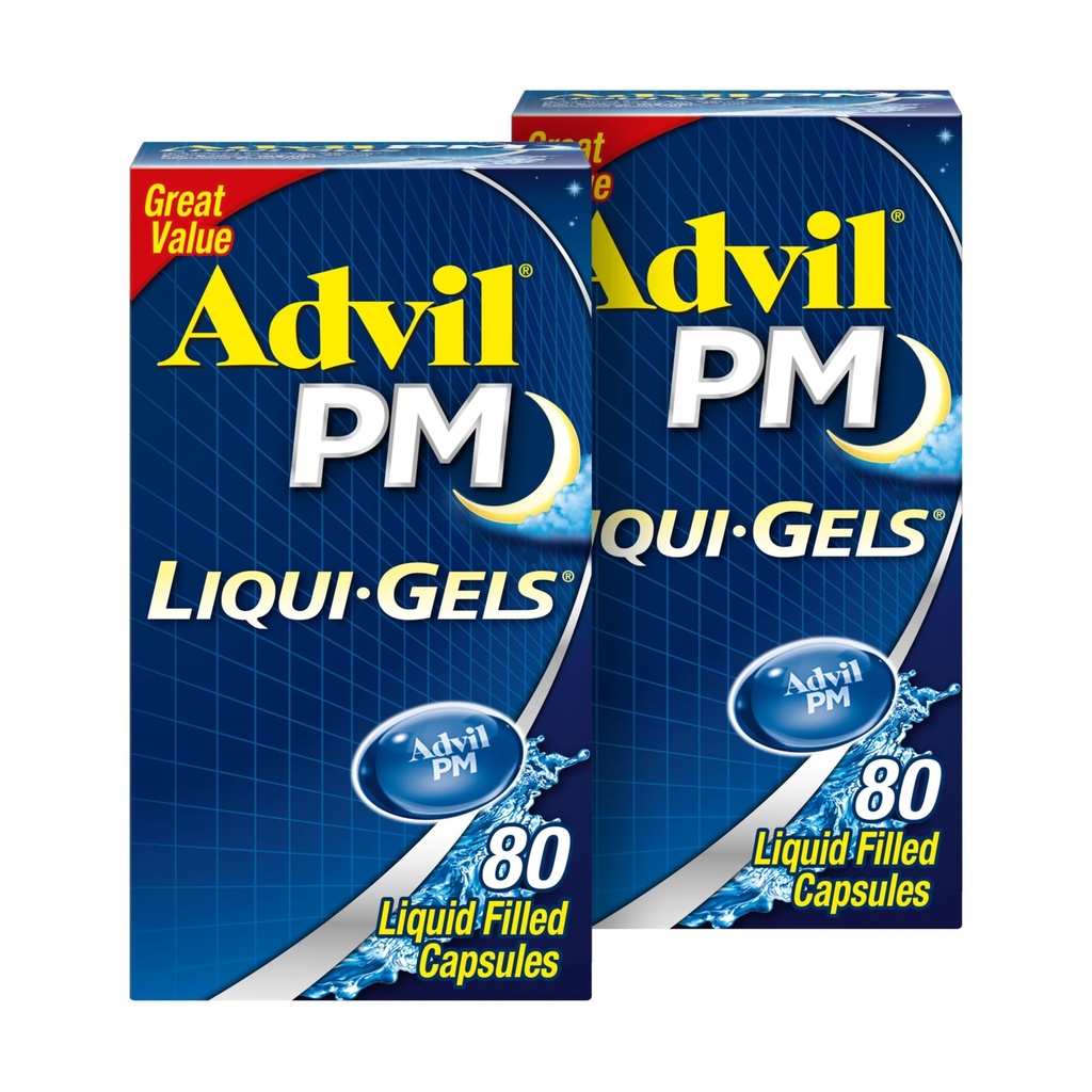 Advil PM Liqui- Gels Pain Reliever og Nighttime Sleep Aid, Pain Medicine med Ibuprofen for Pain Relief og Diphenhydramin HCL for en Sleep Aid - 2x80 flydende fyldte kapsler