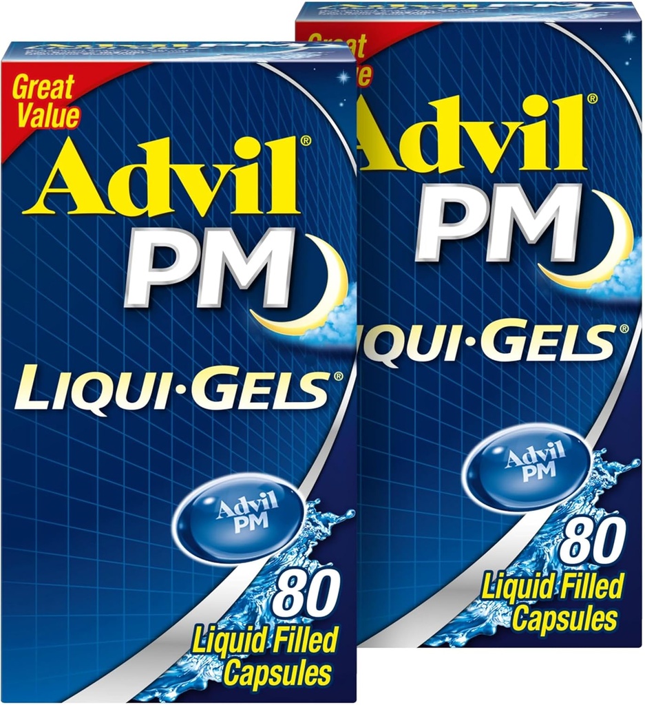 Advil PM Liqui- Gels Pain Reliever og Nighttime Sleep Aid, Pain Medicine med Ibuprofen for Pain Relief og Diphenhydramin HCL for en Sleep Aid - 2x80 flydende fyldte kapsler