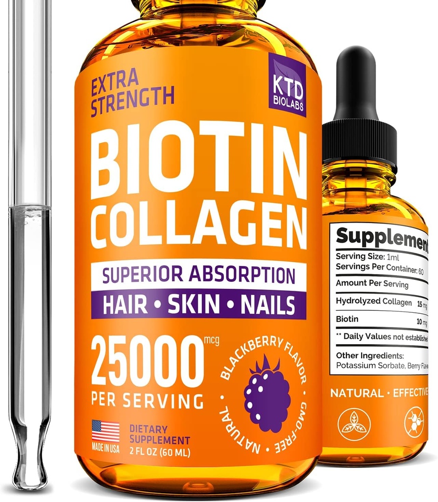 Flydende collagen og biotin dråber til hårvækst 25.000 mcg - Lavet i USA Collagen & Biotin vitaminer til hår hud og negle - Hydrolyseret collagen og biotin supplement til kvinder og mænd