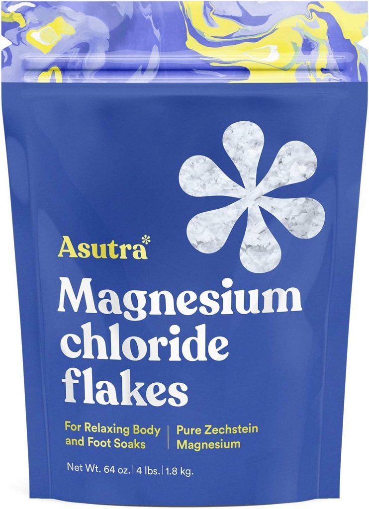 ASUTRA Magnesium Chloride Bath Flakes, 4 lbs - for Afslappende Foot & Kropsæber, Epsom Salt Alternative, Rapid Absorption