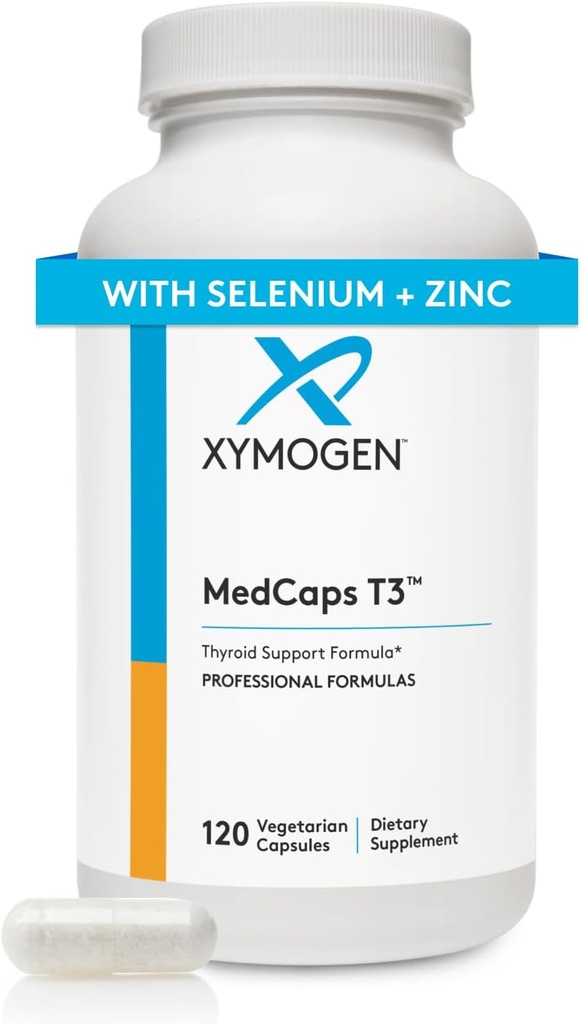 XYMOGEN MedCaps T3 - Thyroid Support Formel med vitaminer + urter - Selen, zink, E-vitamin + C, Ashwagandha, Guggul ekstrakt, og jod supplement (120 kapsler)