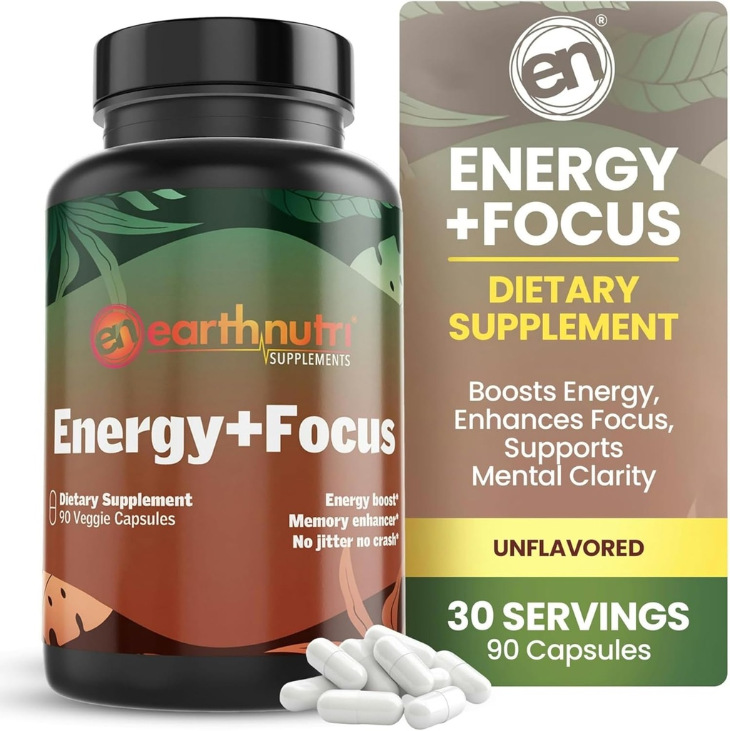 EarthNutri Energy + Focus Supplement - Energy Boost & Memory Enhancer med PeakO2, AlphaSize, Cognizin, PurCaf, Theacrin, Acetyl L- Carnitin og L-Tyrosine - 3 kapsler Per Servering