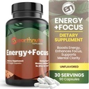 EarthNutri Energy + Focus Supplement - Energy Boost & Memory Enhancer med PeakO2, AlphaSize, Cognizin, PurCaf, Theacrin, Acetyl L- Carnitin og L-Tyrosine - 3 kapsler Per Servering