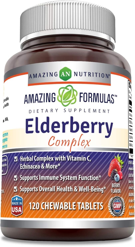 Amazing Formulas Elderberry Complex Supplement | 120 Chewable Tablets | Berry Flavor | Non-GMO | Gluten-Free | Made in USA