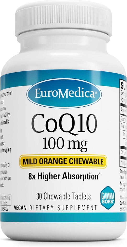 EuroMedica CoQ10 100 mg - Cellular Energy Support - Højere Absorption CoQ10 Chewable Supplement - Nutritional Supplement til hjælp sund aldring & hjerne sundhed - 30 tyggetabletter