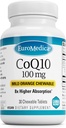 EuroMedica CoQ10 100 mg - Cellular Energy Support - Højere Absorption CoQ10 Chewable Supplement - Nutritional Supplement til hjælp sund aldring & hjerne sundhed - 30 tyggetabletter