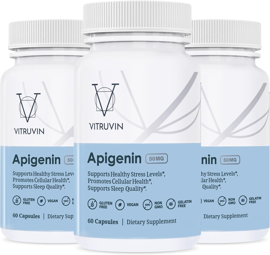 Vitruvin Apigenin 50mg, Bioflavonoid Supplement, 3 flasker Pack, Vegan, Non- GMO, Gluten- Free, Gelatin- Free.