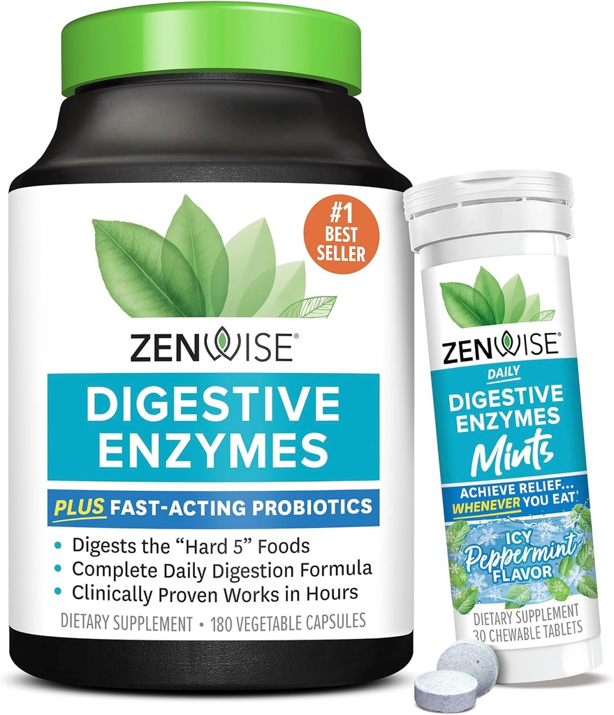 Zenvise sundhed fordøjelsesenzymer og pebermynte Chewable - fordøjelsesenzymer, Probiotiske Multi enzymer med probiotika til kvinder og mænd i kapsler og praktisk Chewable pebermynte