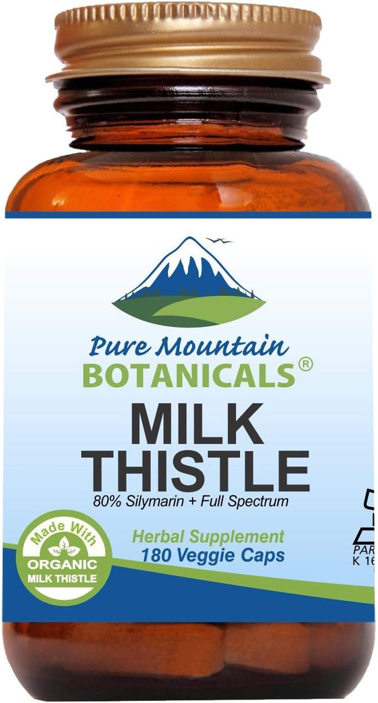 Pure Mountain Botanicals High Potency Milk Thistle -180 Kosher Vegan Capsules with 450mg Organic Milk Thistle Seed and Extract