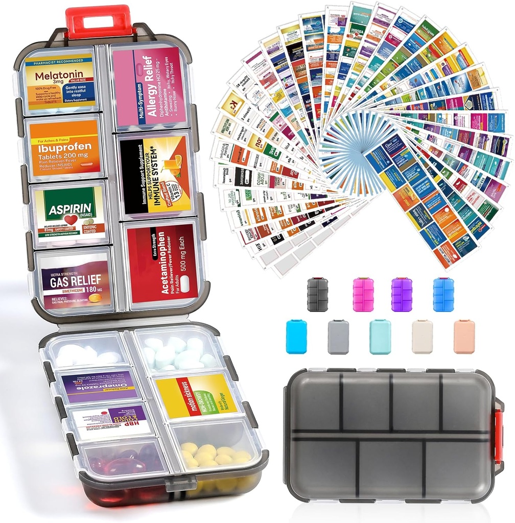 14 Grids Travel Pill Organizer Box med 415-Pcs Medicine Navn Labels - Pocket Daily Apotacy Case Container Kit - Travel Medication Holder Dispenser for Fish Oil Vitamin Supplement Storage -Clear Grey