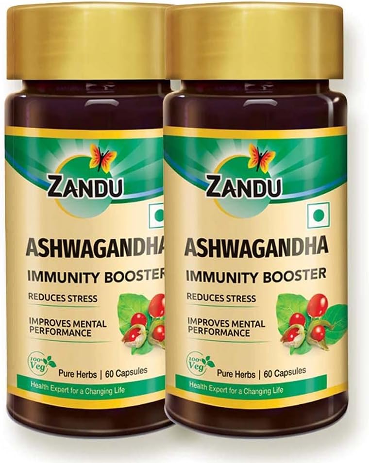 Zandu Ashwagandha Kapsler (120 æg kapsler), Formuleret med Pure Ekstrakter af Ashwagandha, Immunity Booster, For Natural Body Strength, Stress Buster (Pack of 60 x 2)