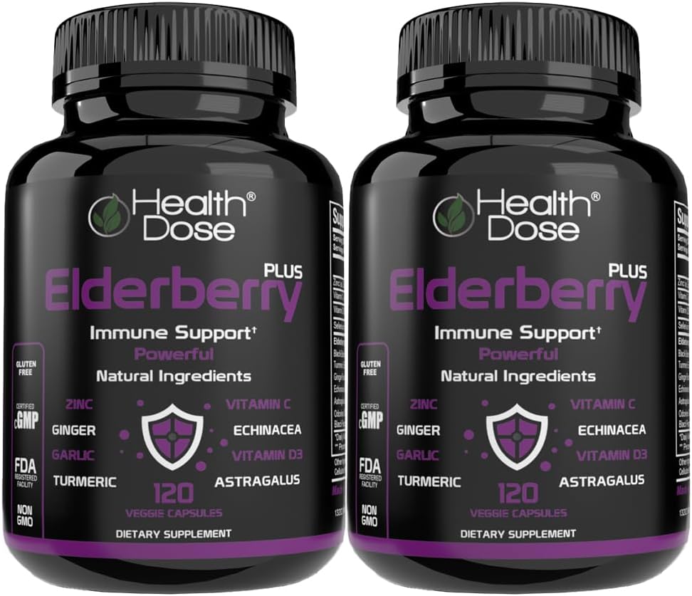Helbredsdosis Elderberry Plus kapsler - immunsupporttillæg med vitaminer C, D3, zink, Selenium & 11 Ingredienser til år- Round Wellness - 120 Veggie kapsler, 2-måneders levering pakke med 2