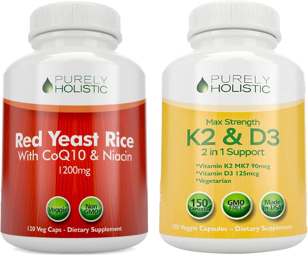 Helt Holistisk Rød Gær Rice 1200mg med CoQ10 & Niacin + D3- vitamin 5000 IE (125mcg) & K2 MK7 90mcg Bundle - 270 Vegetariske kapsler - Made in USA