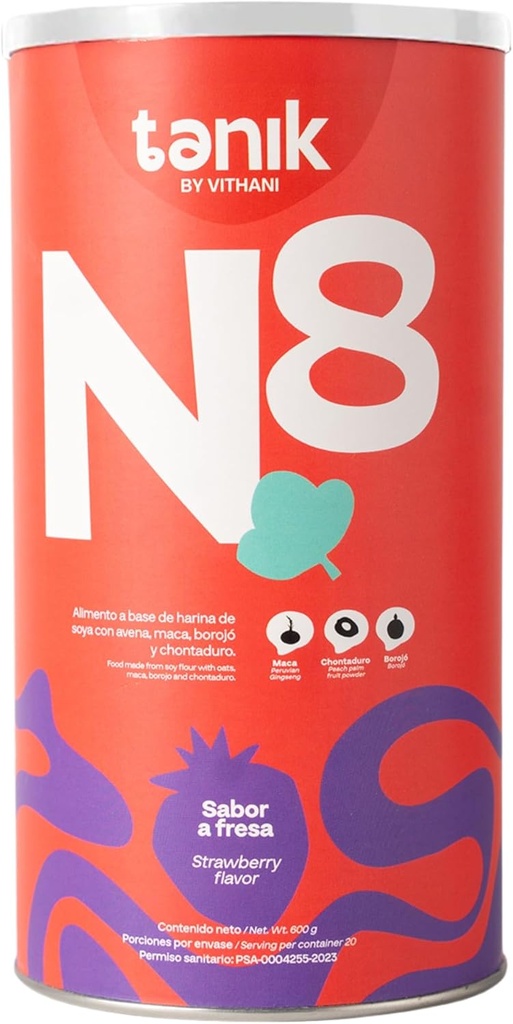 Vithani N8 - Multivitamin pulver med Maca, Borojo, Peach- Palm Fruit, Zink, Calcium, Omega 3, Omega 6 & Vitaminer, Jordbær Flavor, 20 Servering, Energistøtte, hvis du føler dig træt