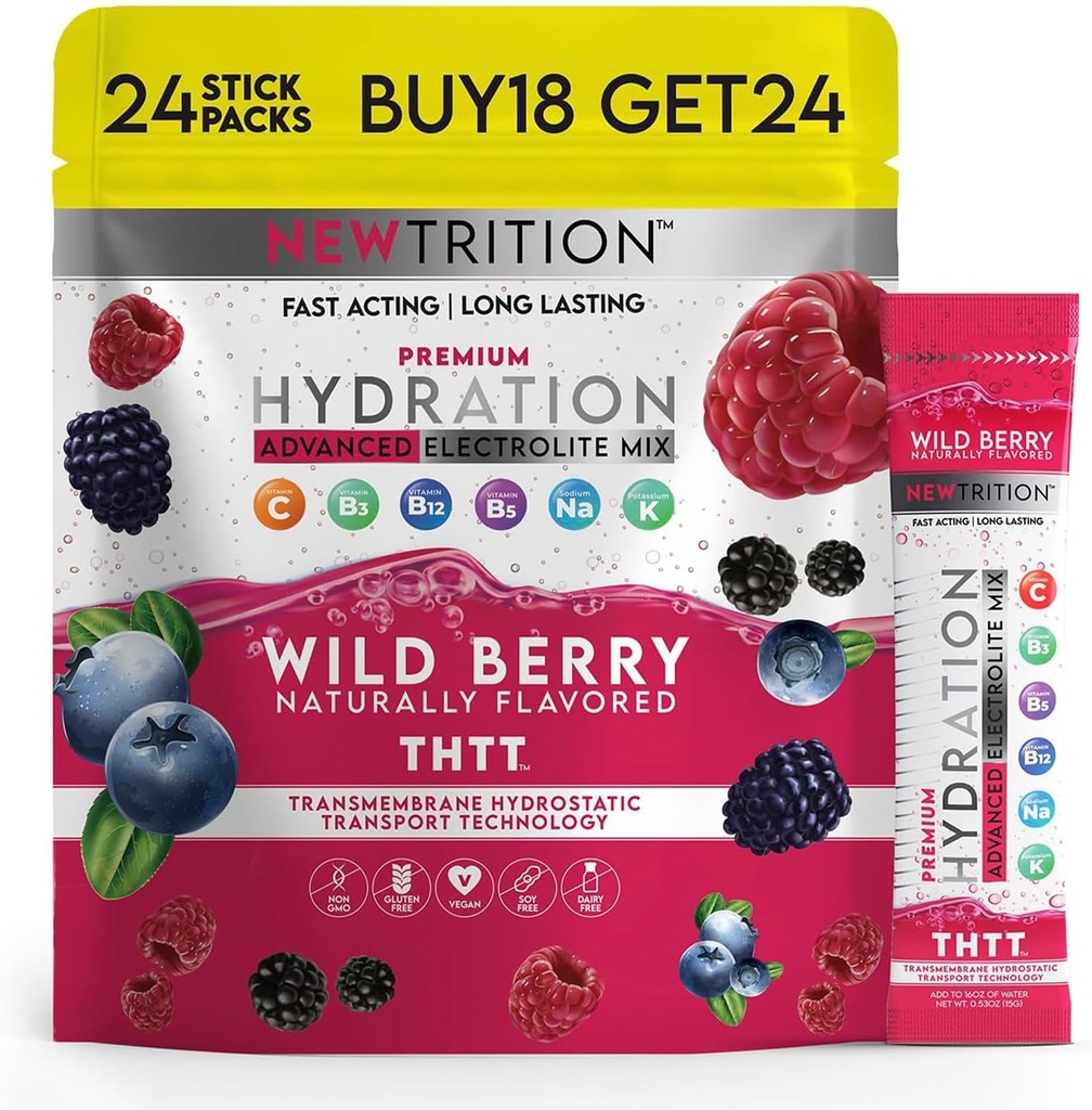 Hydration Powder, Wild Berry Pack of 24 Electrolyte Powder Packets, Naturally Flavored Hydrating Packets for Water, Fast Acting Hydrate Electrolytes with Vitamins B & C, Energy & Recovery