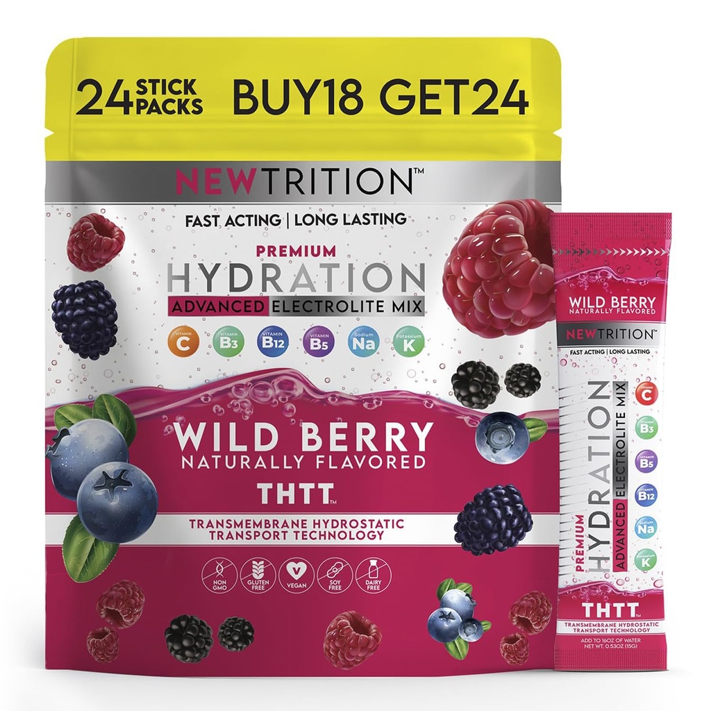 Hydration Powder, Wild Berry Pack of 24 Electrolyte Powder Packets, Naturally Flavored Hydrating Packets for Water, Fast Acting Hydrate Electrolytes with Vitamins B & C, Energy & Recovery
