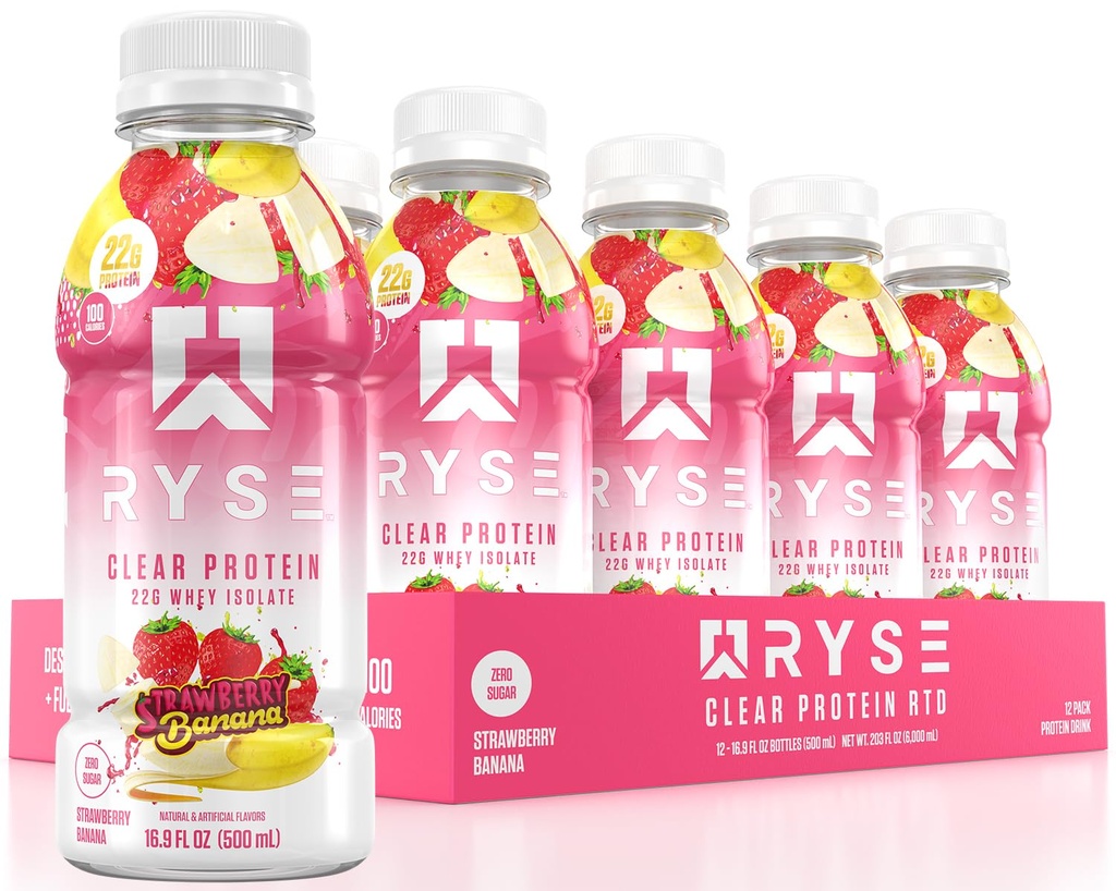 RYSE Clear Protein Drink - Strawberry Banana - 100 kalorier, 22g Whey Isolate Protein Shake, sukkerfri, 0g Fat & Lactose- Free - Genopfriskning Ready- to- Drikke - 16,9 fl oz Flasker (12 - Pack)