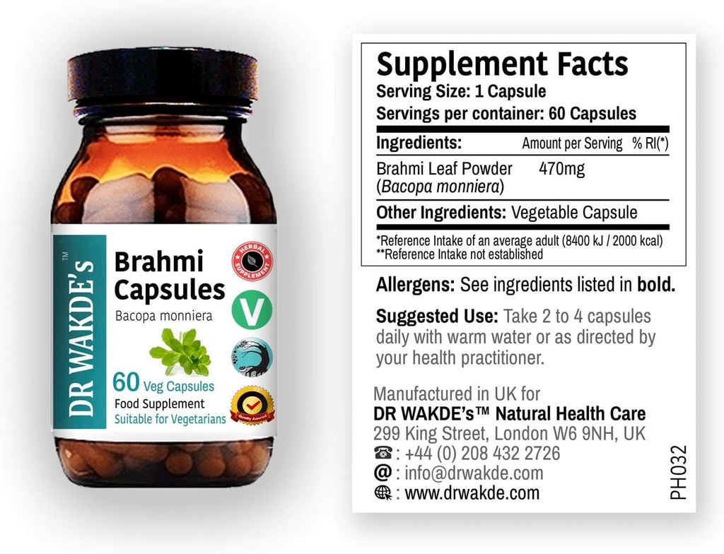 DR WAKDE 's Brahmi Capsules (Bacopa monniera, 60 Veg Caps, Plant- baseret supplement, Ayurvedic Herb, All Natural, Vegan)