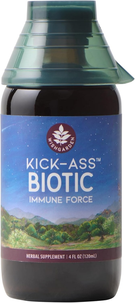 WishGarden Herbs Kick- Ass Biotic Immunhero - Plant- baseret Herbal Biotic Formel med Usnea Lichen, Humle, Echinacea & Goldenseal, Understøtter sund immunforsvar, Luftveje & Lymph System funktion, 4oz