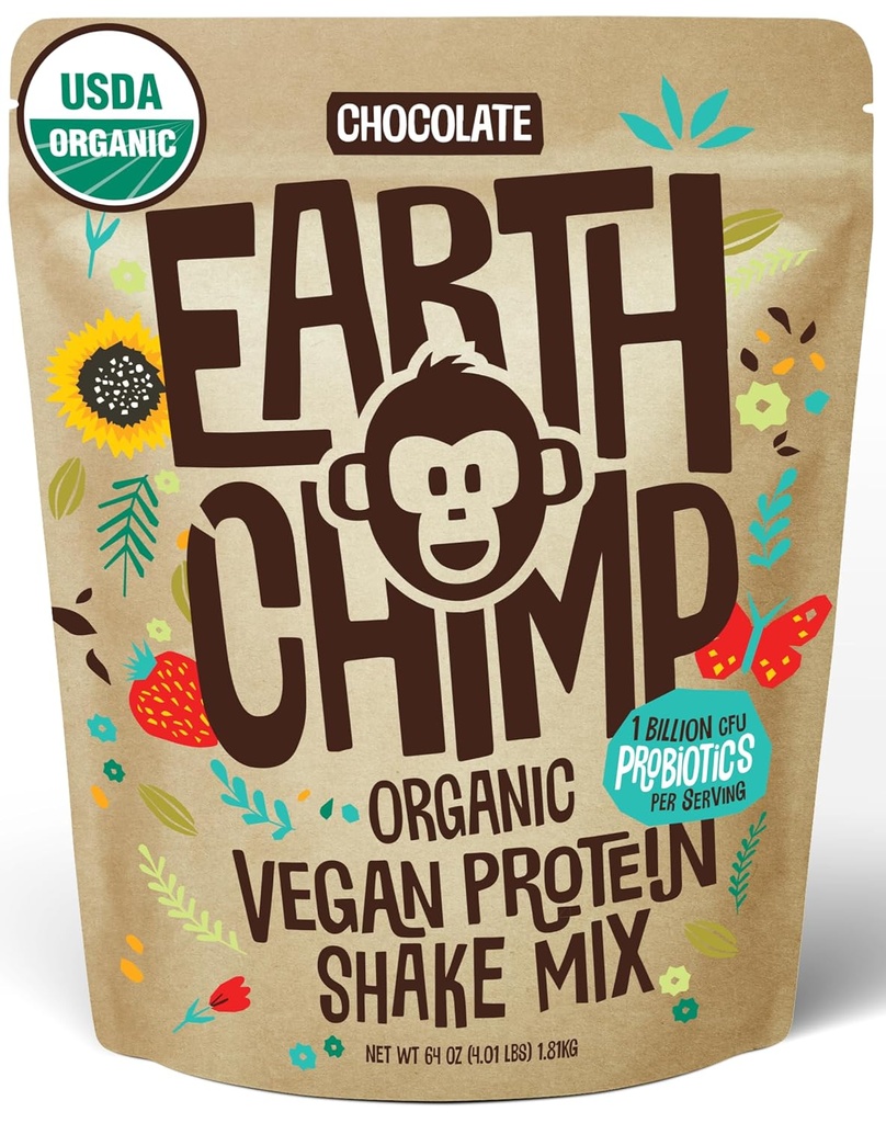EarthChimp Organic Vegan Protein Powder - med Probiotika - Ikke GMO, Dairy Free, Non Whey, Plant Based Protein Powder for Women and Men, Gluten Free - 52 Servering, 64 Oz (Chokolade)