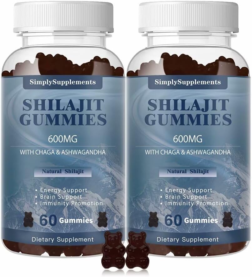 Shilajit Gummies 600mg, Shilajit Supplement med spor Minerals & Fulvic Acid for Energy and Imunity Support, Organic Shilajit Resin for Mænd & Kvinder, Vegan, 60 Gummies (2 Pack)