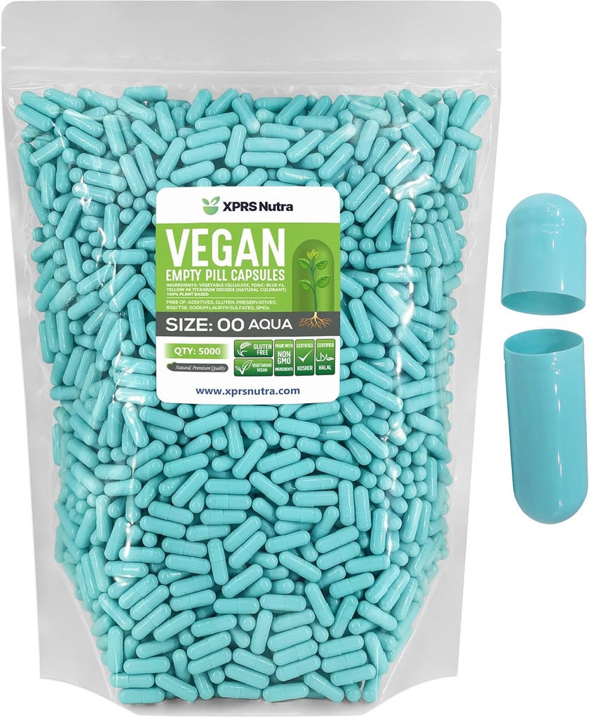XPRS Nutra Størrelse 00 Tomme kapsler - 5000 Tomme Veganske kapsler - Vegetariske Tomme piller - selv vegetabilsk Capsule Filling- Veggie Pill Caps (Aqua)