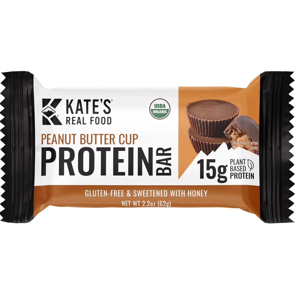 Kate 's Real Food Organic Protein Bars - (Peanut Butter Cup, 2,2 oz, Pack of 12) - Plant Based Protein Bars - Gluten Free, Soy Free, Non GMO, Hele korn, og alle naturlige