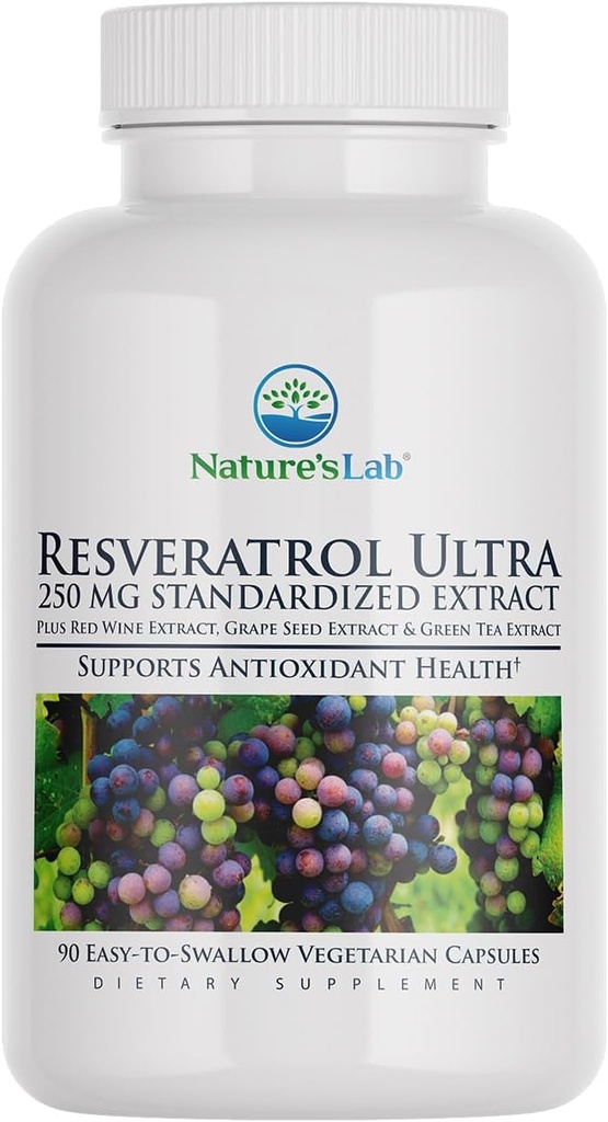 Nature 's Lab Resveratrol Ultra - Antioxidant Supplement * - 250 mg Trans- Resveratrol, Red Wine Extract, Green Tea Extract- Non- GMO, Gluten Free, Vegan - 90 Greve (3 måneder Tilførsel)