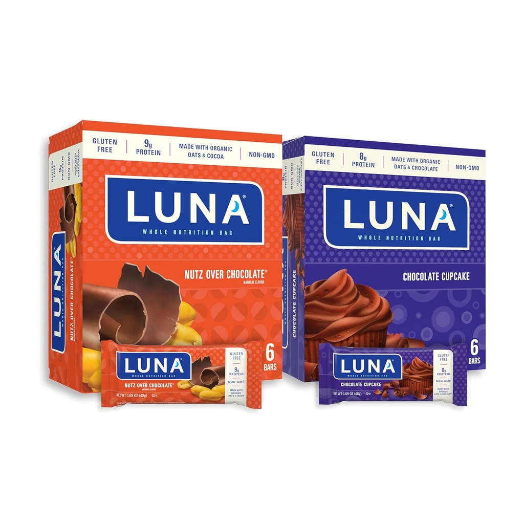 LUNA Bar - Variety Pack - Nutz Over Chokolade og Chokolade Cupcake Flavor - Snack Bars - Non-GMO - Glutenfri Protein Bars - Lavet med Økologisk Havre (12 Pack, 2 Æsker)