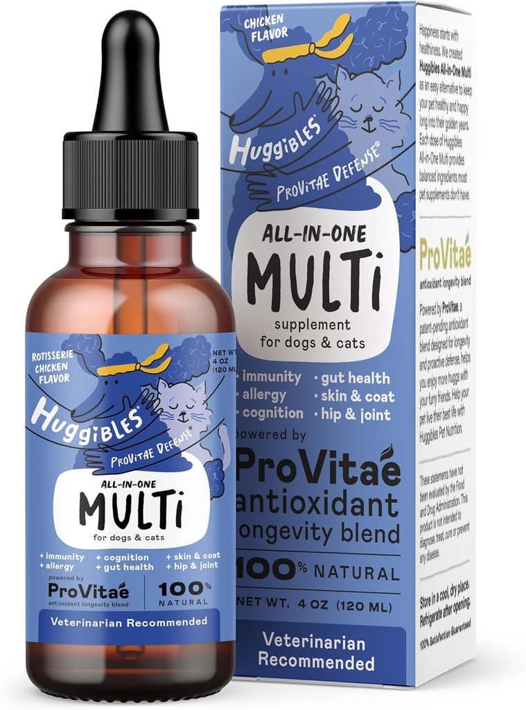 All- in- One Multi Liquid Multivitamin til hunde og katte - Dagligt tillæg med fordøjelsesbesvær, Immunitet, Allergi & Hud & Coat Support, Mobility Support - Antioxidant Blend for Longevity, 4oz
