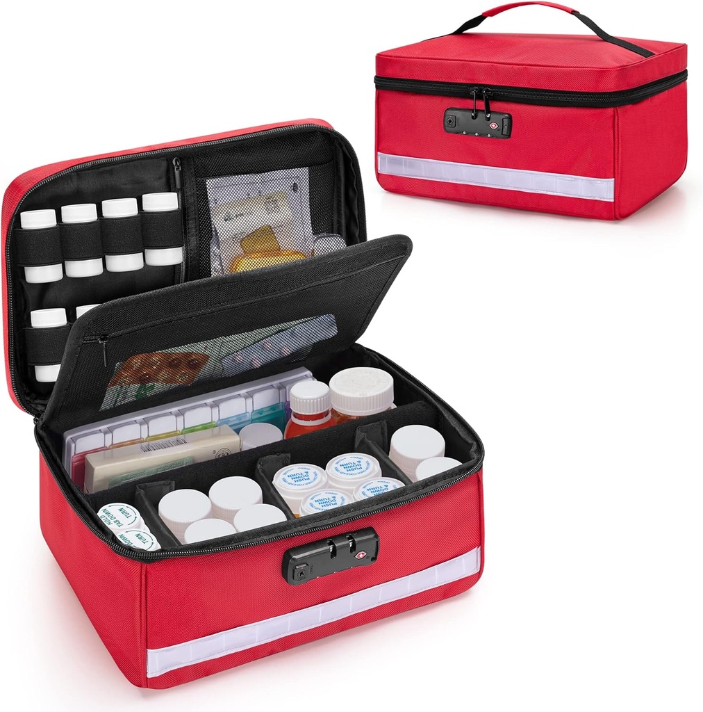 Damero Locking Pill flaske Organizer med Indre Dividers, Medicin Storage og Organizer Bag Kombinationslås til medicin, vitaminer og medicinske forsyninger, rød