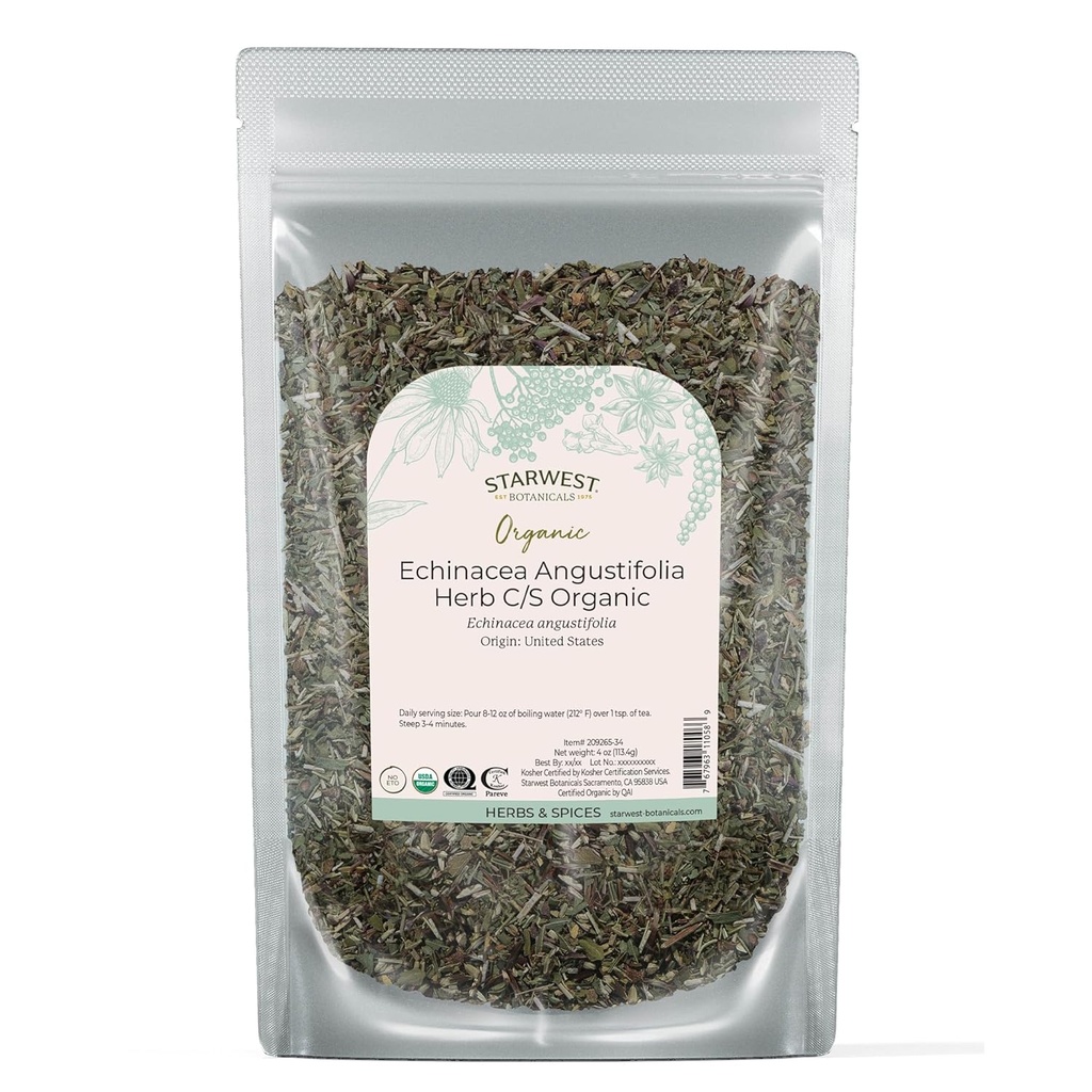 Starwest Botanicals Tørret Echinacea Angustifolia Organic - Loose Leaf Herb for Tea, Tinctures, & Natural Herbal Blends, Cut & Sifted, Certified Kosher, Non- GMO - 4 oz Pouch